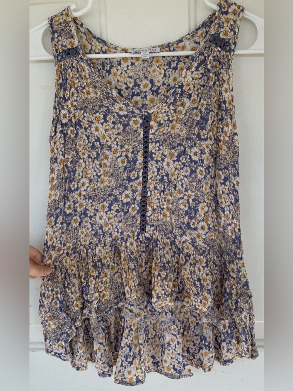 Patrons of Peace Floral Lace Trim Sleeveless Boho Peplum Tank Top Size XSmall